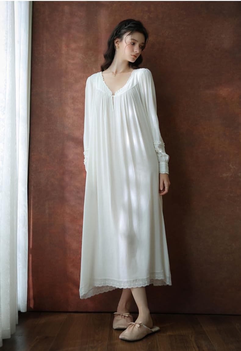 Women's Victorian Vintage Lace Nightgown Long Sleeve Cotton Pajamas Princess Style Soft Sleepwear Lounge Dress White - Image 2
