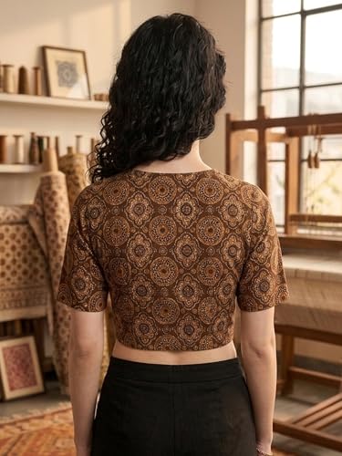 Image of Yash Gallery Women's Cotton Printed Blouse Round Neck Half Sleeve Crop Top Mandala Geometric Print Front Dori with Tassels Side Bobbin Elastic Stretch Fit Ethnic & Casual Wear