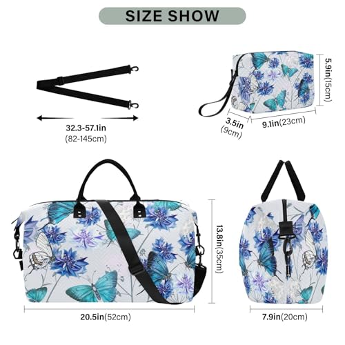 Clue Cornflowers and Butterflies Duffle Bags for Women Men Waterproof Weekender Overnight Bags Hospital Bag Large Tote Bag with Toiletry Bag for Yoga Gym Travel Sport Hospital3
