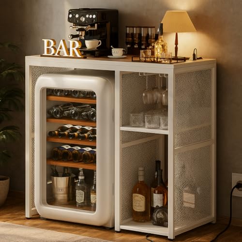 Homieasy Mini Fridge Stand Organizer with Power Outlet, Industrial Microwave Stand with Storage Shelving Unit, Space Saving Over Fridge Storage Cabinet for Home Kitchen Dorm, White