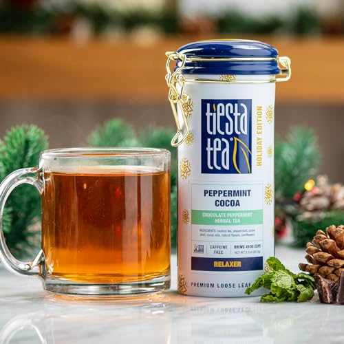 Image of Tiesta Tea - Holiday Cheer Tea Gift Set, Loose Leaf Holiday Blends with Infuser, Non-Caffeinated, Stainless Steel Brewbasket & 2 Refillable Tin Combo, Fireside Spice & Peppermint Cocoa