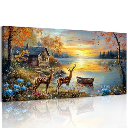 crmotu Rustic Deer Landscape Wall Art, Lake Cottage Pastoral Large Artwork, Nature Autumn Scenery Canvas Prints, Rural Sunset Wall Pictures for Living Room Bedroom Farmhouse Bathroom Decor 24X48 In