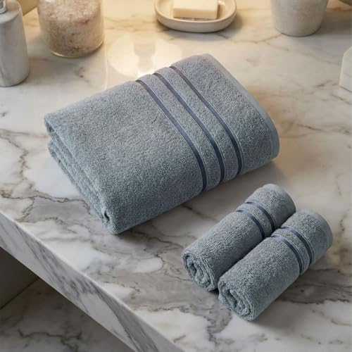Image of MYTRIDENT Towel Set| Comfort Living | Quick Drying | Travel Friendly | for Men /Women | 3 PC Towel Set | 1 Bath (70 cm x 140 cm) 2 Hand (40 cm x 60 cm) | 100% Cotton 400 GSM - New Grey