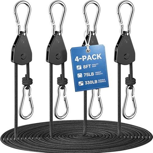Fondwell 1/8' Ratchet Tie Down Ropes: 4-Pack 8 ft Adjustable Grow Light Hangers with Quick...