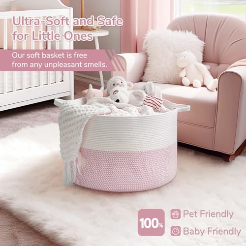 Image of INDRESSME XXXLarge Storage Basket with Handle, Pink Laundry Basket for Nursery Stuffed Animal Storage, Baby Baskets Kids Toy Organizer, 21.7 inch x 21.7 inch x 13.8 inch, Pink