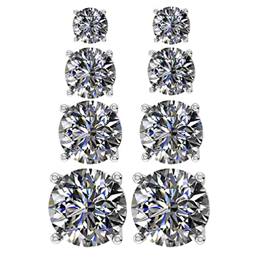 4 Pairs Stud Earrings Set, Hypoallergenic Pure Brilliance Cubic Zirconia 925 Sterling Silver, 4-6.5mm