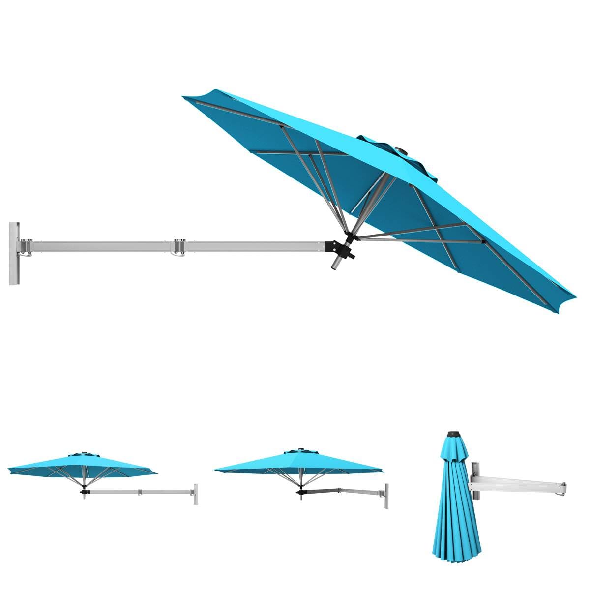 TANGZON Wall-Mounted Parasol, Outdoor Patio Garden Umbrella with Large Shading Area, Wall Tilting Sunshade (Turquoise)