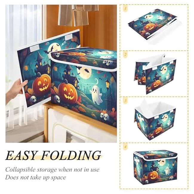 STAYTOP Halloween Decorations Storage Bins with Lids and Carrying Handle,Halloween Pumpkin Foldable Storage Boxes Organizer Containers Baskets for Home Bedroom Closet Office Nursery