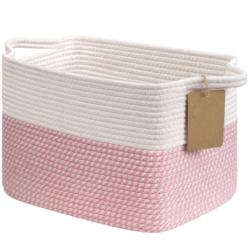 Image of Goodpick Woven Rope Storage Basket for Shelves, Rectangle, Pink & White