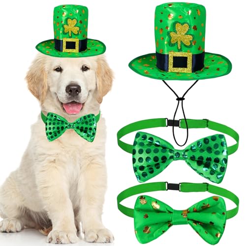 GOYOSWA GOYOSWA 3 PCS Dog St. Patrick's Day Outfit, St Patricks Day Dog Clothes Green Shamrock Dog Hat Dog Bow Tie Collar for Small Medium Large Dogs (Dog Hat & 2 Bow Tie)