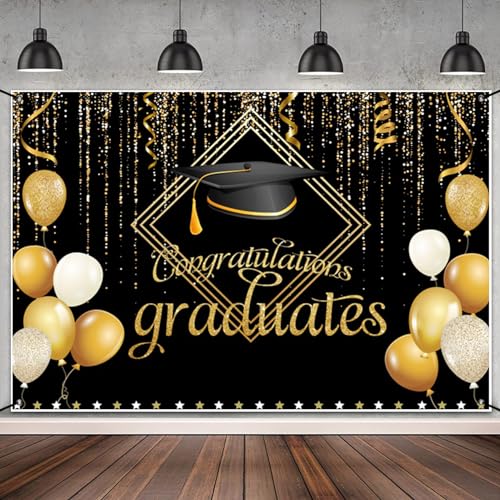 MIRRORANG Polyester 6x3.6ft Black Gold Congratulation Graduates Banner, Graduation Banner