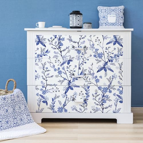 Papier peint fleuri bleu blanc VEELIKE style vintage - 7