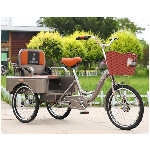 Triciclo para adultos con capacidad para pasajeros y carga, bicicleta de 3 ruedas de 20 pulgadas, triciclo ajustable en altura para hombres, mujeres y adultos mayores, ideal para ciclismo, salidas al aire libre y picnics (gris)