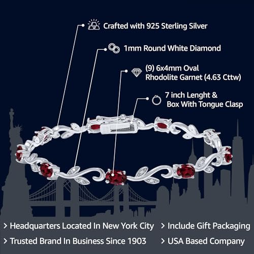 Gem Stone King 4.63 Cttw Red Rhodolite Garnet and Diamond Greek Vine Tennis Bracelet For Women | 925 Sterling Silver | Gemstone Birthstone Oval 6X4MM | 7 Inch2