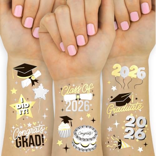 xo, Fetti 2026 Graduation Temporary Tattoos - 48 Foil Styles | New Grad Party Decorations, College Graduate Girls Accessory, High School Senior Gift, Graduation Cap Tassel Decor, Congrats Grad Favor