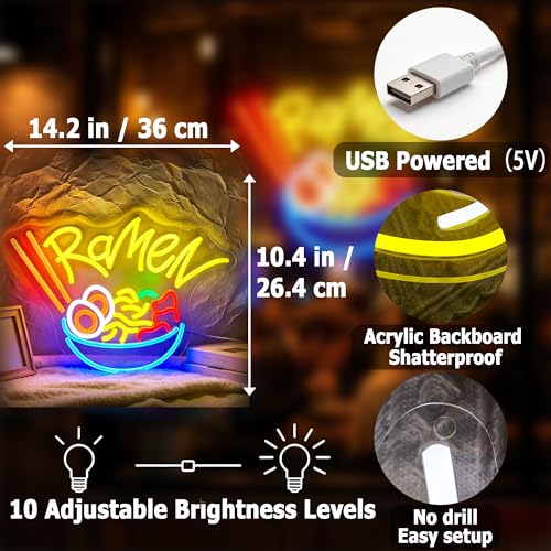 Image of Ramen Neon Sign for Wall Decor Light Up Sign Led Signs for Room Party Home Wall Decor USB Powered