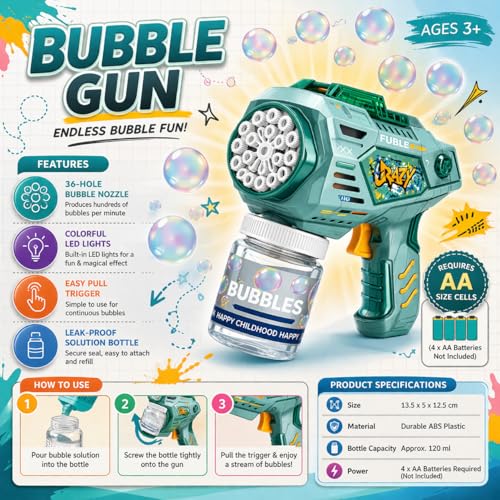 Image of Electric Bubble Gun for Kids 3+ | 15 Hole Automatic Bubble Maker Toy with LED Lights | Leak-Proof Bubble Bottle | Easy Trigger & Ergonomic Grip (Multicolor)