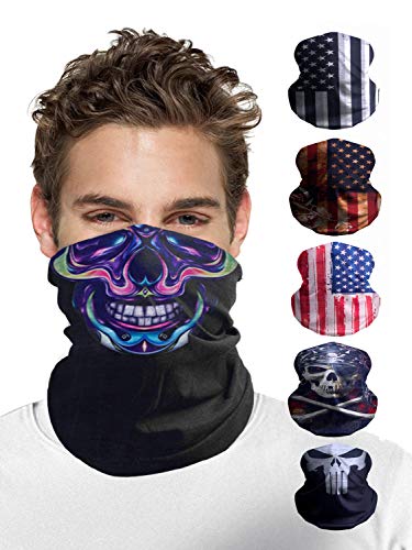 6 pcs 3D Skull face mask Reusable Bandanas, Summer dust UV Protection Scarf Neck Gaiter for Men Womens, American Flag Seamless Headwear Headband, Running Hiking Fishing Outdoor Sports Multi Balaclava
