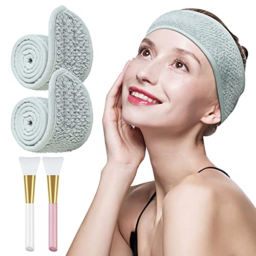 Spa Headband – 2 Pack Adjustable Coral Fleece Makeup Headband for Face Washing, Shower Sports Yoga (Pea Green)