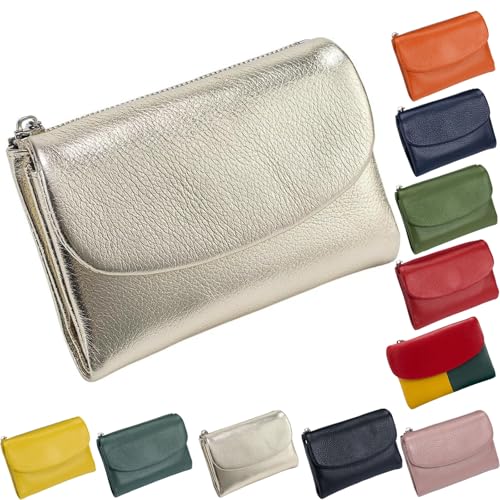 Billetera De Cuero Unisex, De Suave para Mujeres, para Hombres, Billetera Plegable Compacta PequeñA, Portarretrato De Cuero Genuino De 5.3 Pulgadas (Oro)