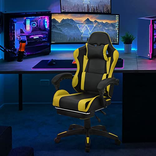 Monibloom Gaming Chair Office Chair Leather High Back Computer Chair With Headrest And Lumbar Support 360° Swivel Ergonomic Footrest Adjustable Gamer Chair For Adult Teen Home Office Using, Yellow #TOP1