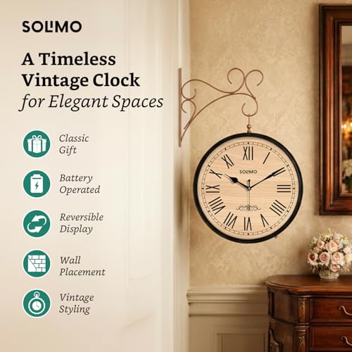 Image of Amazon Brand - Solimo Double Sided Vintage Station Wall Clock, one Side Roman and Other Side Numeral dial (10 Inches, Black with Copper Finish) Metal, Analog