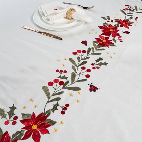 Image of Embroidered Cotton Tablecloth, Ivory Cheer, 60 x 75 in | Premium heavyweight chambray cotton, all-over embroidery, 4-seater rectangle, machine washable, elegant dining and hosting