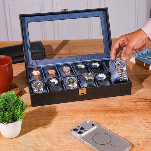Image of Watch Organizer Case Box | PU Leather, Black & Blue Finish, Transparent Top