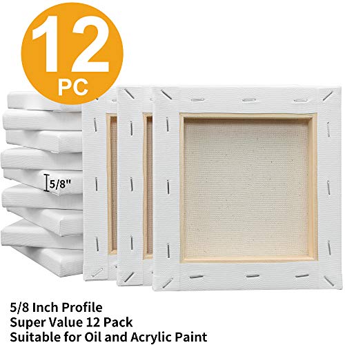 Image of FIXSMITH Stretched Canvas for Painting - 6x6 White Canvas Bulk Pack of 12,Primed,100% Cotton,5 /8 Inch Profile of Super Value Pack for Acrylics,Oils & Other Painting Media.