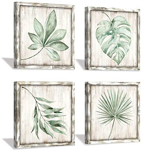 Hardy Gallery Green Leaves Prints Wall Art: Rustic Wooden Background Palm Tree Leaf Simple Life Painting for Bathroom Wall Decor (12 X 12 X 4)