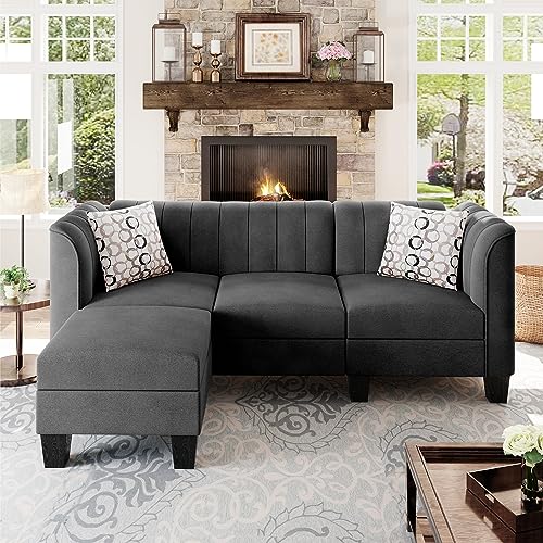 Shintenchi Convertible Sectional Sofa Couch, Modern Linen Fabric L-Shaped, 3-Seat Sofa Sectional with Storage Function Ottoman/Armrest Reversible Chaise for Living Room and Small Space (Dark Grey)