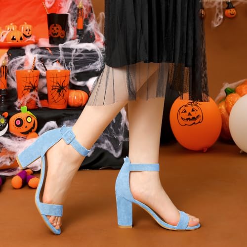 Image of Allegra K Women's Open Toe Chunky High Heel Buckle Ankle Strap Sandals | 3 3 /8 inches Heels with Faux Suede, Comfortable Block Heels Sandal for Women, Summer Dressy Shoes
