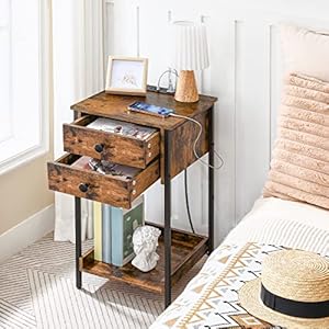 HOOBRO Nightstand with Charging Station Tall End Table with Storage Drawer Small Side Table for Small Space 262 Telephone Entryway Table for Bedroom Hallway Rustic Brown and Black BF72UBZ01