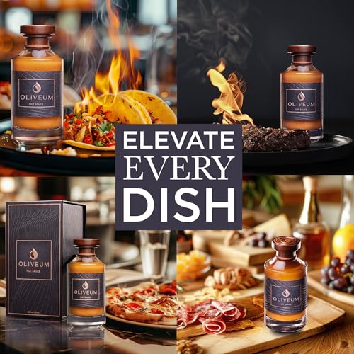 Image of Oliveum Hot Sauce - Gourmet Medium Spice Habanero Peppers. Unique Spicy Salsa Flavor For BBQ, Mexican, Asian, Steak, Chili, Tacos, Buffalo, Wings, Pizza. Experience Fancy Luxury Craft Hand Made Small Batch Best and Hottest Gift Idea For Men in a Bottle