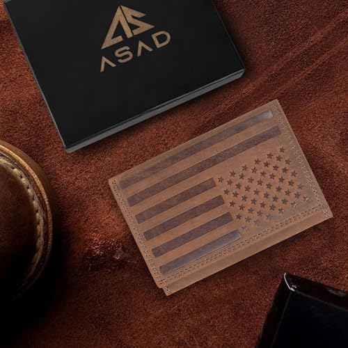 Image of ASAD Leather Slim Everyday Trifold Wallet with ID Window and Multiple Card Slots | Genuine Leather Double Stitched RFID Blocking Stylish | Gift for Him | Brown Crazy Horse American Flag Design