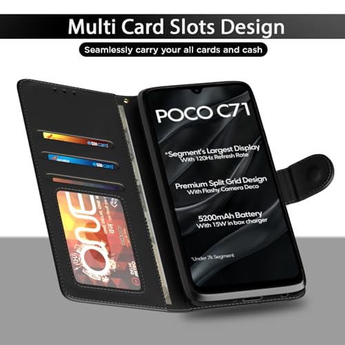 Image of Amazon Basics Flip Cover for Poco C71 / Redmi A5 Leather Finish | Wallet Stand and Shock Proof | Inside TPU with Card Pockets | Complete Protection Flip Case(Black)
