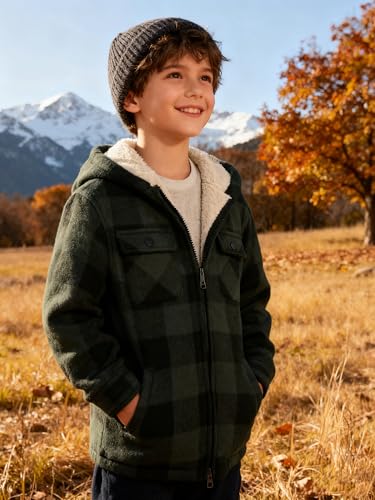 Image of Boys Fleece Jacket with Hood Unisex Child Sherpa Lined Zip Up Warm Coat Hooded Sweatshirt Outerwear