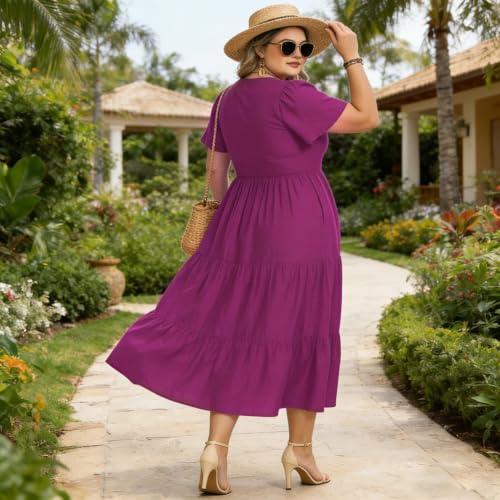 Image of Women's Plus Size Summer Dresses Floral Casual Tiered Midi Dresses V-Neck Short Sleeve Long Maxi Dress with Pockets