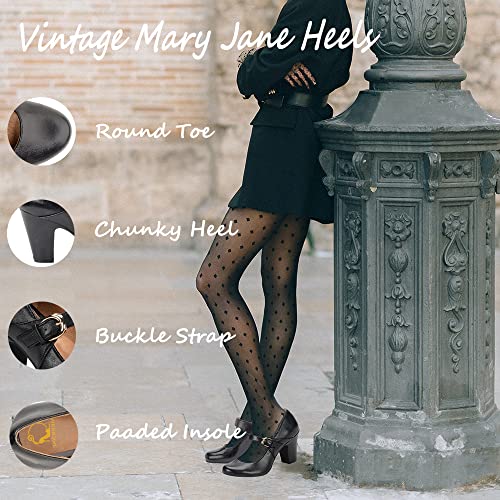 Image of SHODENSE Women Vintage Chunky High Heel Mary Jane Shoes Round Closed Toe Ankle Strap Dress Sandals 3 inch Block Heels Mary Jane Lolita Pumps Two-Toned Patchwork Buckle Office Lady Wedding Retro 4-11 M US