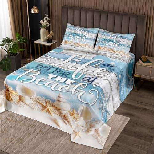 Erosebridal Ocean Bedspread Queen Size for Kids Boys Girls Life Better at The Beach Quilted Coverlet Hawaiian Shell Starfish Coverlet Set Blue Rustic Farmhouse Wooden Blue Quilted