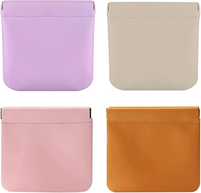 4PCS Small Makeup Bag, Lambskin Pocket Cosmetic Bag, Sqezze Top Cosmetic Bag, Waterproof Mini Travel Makeup Bag for Women - Gray + Pink + Purple + Caramel
