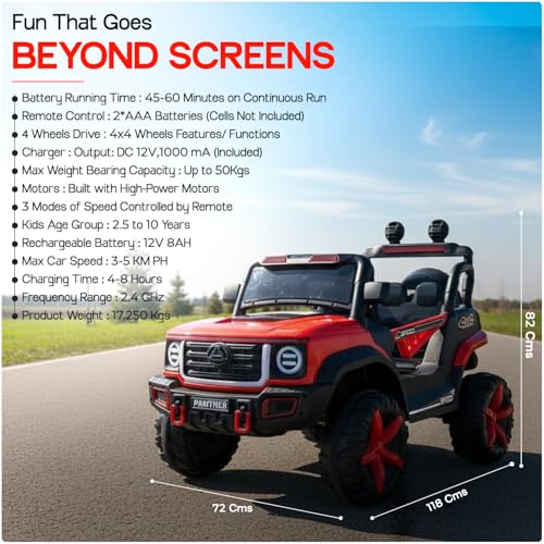Image of Toyzone Panther Electric Jeep (Red) | 12V Rechargeable Ride on with 5Ah Battery | Music Player with BT, USB & AUX | Smooth Acceleration | 6M Battery Warranty | Age 3-10 Years, Upto 50 kg