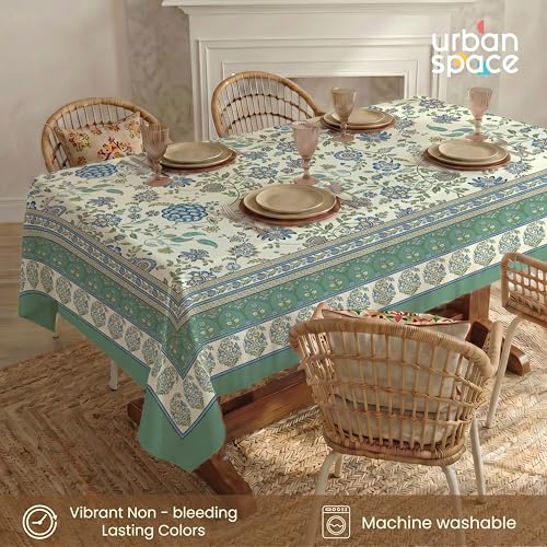 Image of Urban Space 100% Cotton Dining Table Cover 6 Seater, Jaipuri Handblock Cotton Table Cloth for Center Table, Dining Room Table Cover (Size 48 inch x 92 inch - 6 Seater, Gulbagh Sage Green)