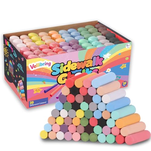 Vellibring 60 PCS Sidewalk Chalks Set Washable Colored Jumbo Chalk Bulk 20 Colors for Students Teens School Supplies Driveway and Playground Outdoor Games Activities