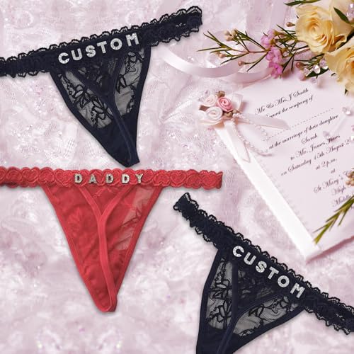 2-Pack Personalized Thongs with Names,Custom Thongs with Name On It,Customized Lace Underwear Panties with Rhinestone Shiny Letter Name for Women Girlfriend, custom lingerie with names,Valentines Day4