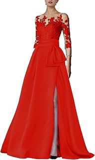 A-Line Evening Gown High Split Dress Formal Fall Sweep/Brush Train Half Sleeve Illusion Neck Satin 2024