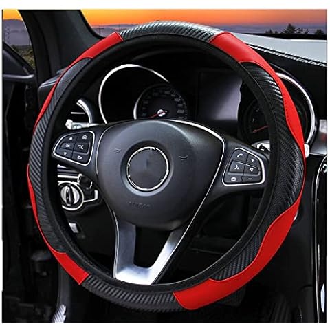 Universal 15 inch Carbon Fibre Auto Car Steering Wheel Cover with 2pcs Cup Holders, Sports Appearance Design,Breathable, Non-Slip, Wear-Resistant (1pcs Red) Cover