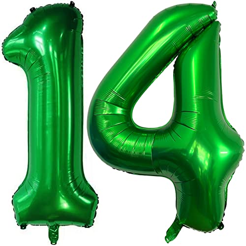 Image of Number 14 Dark Green Balloons 40 Inch Giant Green 14 Numer Foil Helium Balloons for 14th Green Birthday Party Supplies 41st Anniversary Events Decorations