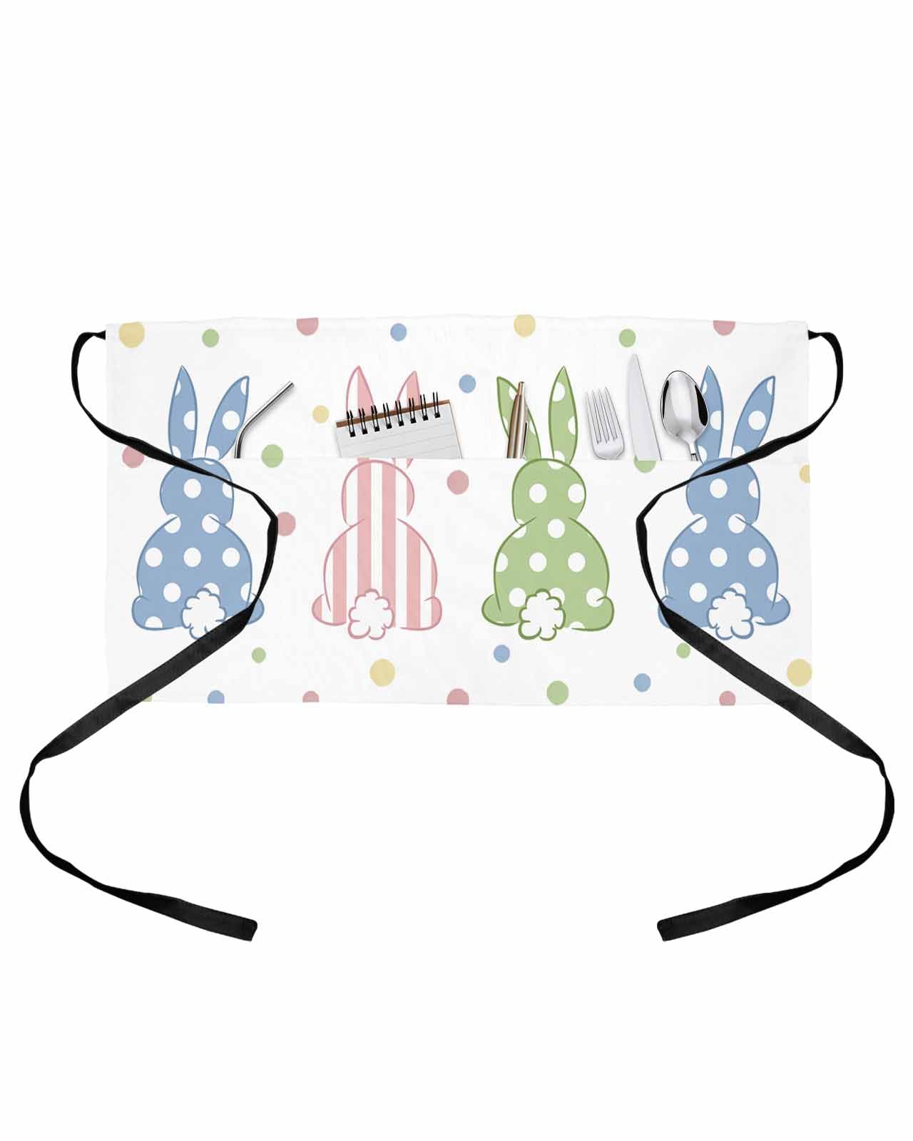 PIEPLE Polka Dot Bunny Server Apron Waitress Aprons with 3 Pockets, Farmhouse Stripes Rabbits Half Waist Waiter Aprons Restaurant Chef Aprons for Women Men