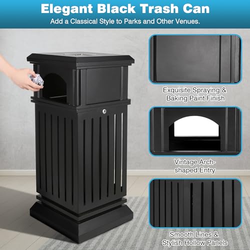 Image of IRONWALLS Commercial Trash Can with Lid, Black Outdoor Garbage Can for Patio, Side Opening Steel Square Commercial Waste Bin, Decorative Trash Container with Removable Inner Bucket for Park, Garden